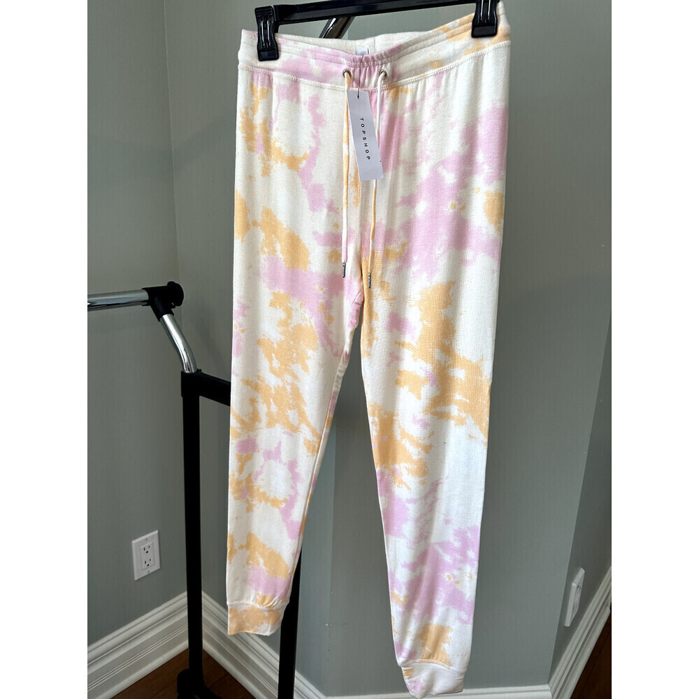 Topshop Women's Slim Fit Jogger Pants In White Yellow Pink Tie Dye Size 6 $48